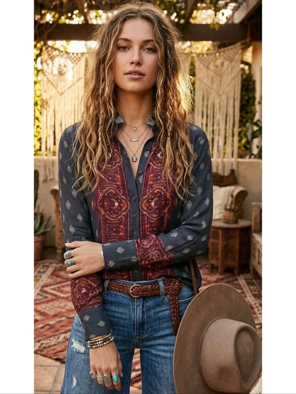 Free People Wishing Well Border Print Button Up Blouse Multicolor Size S
